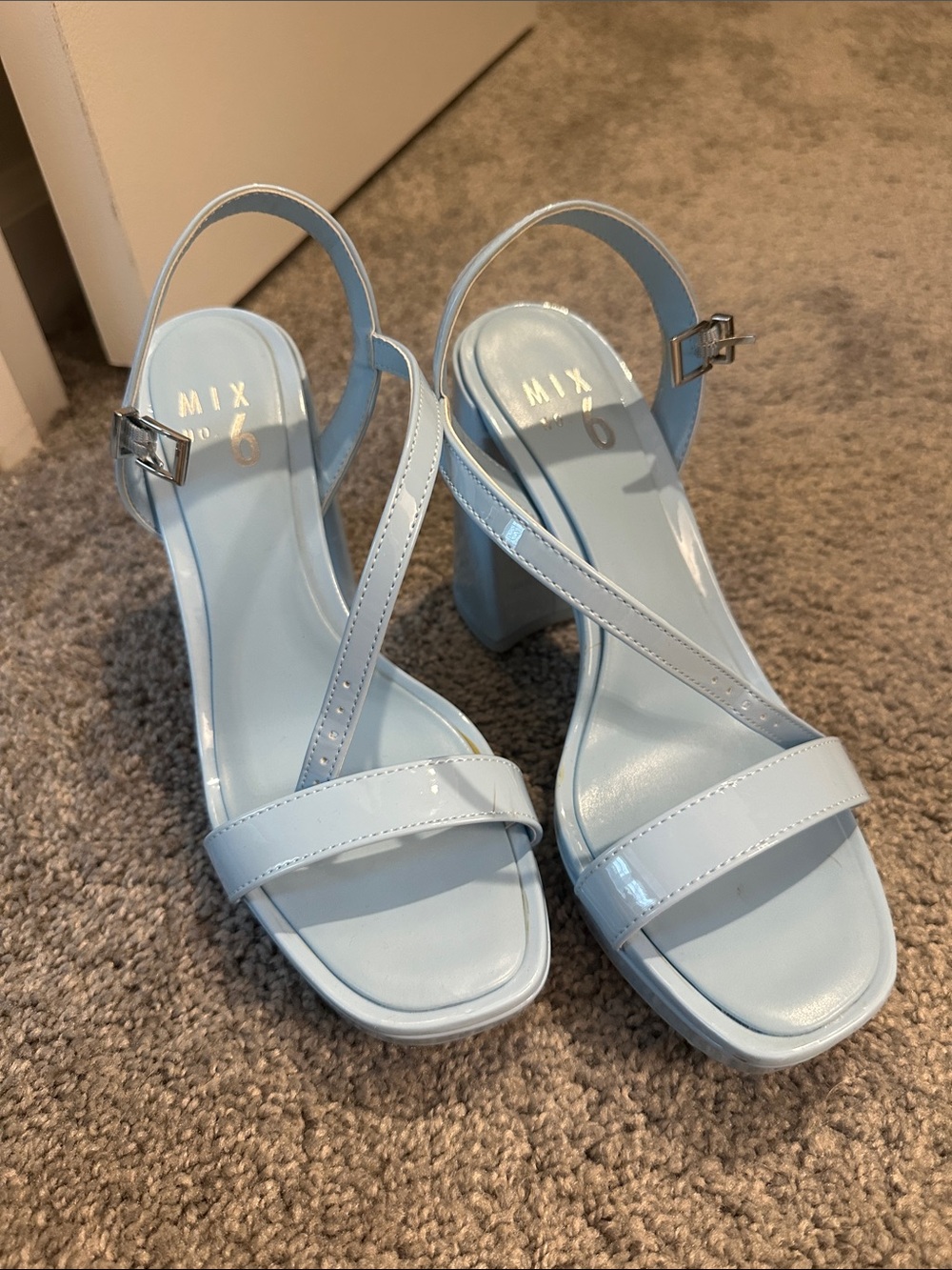 Mix No. 6 Baby Blue Patent Block Heel Slingbacks